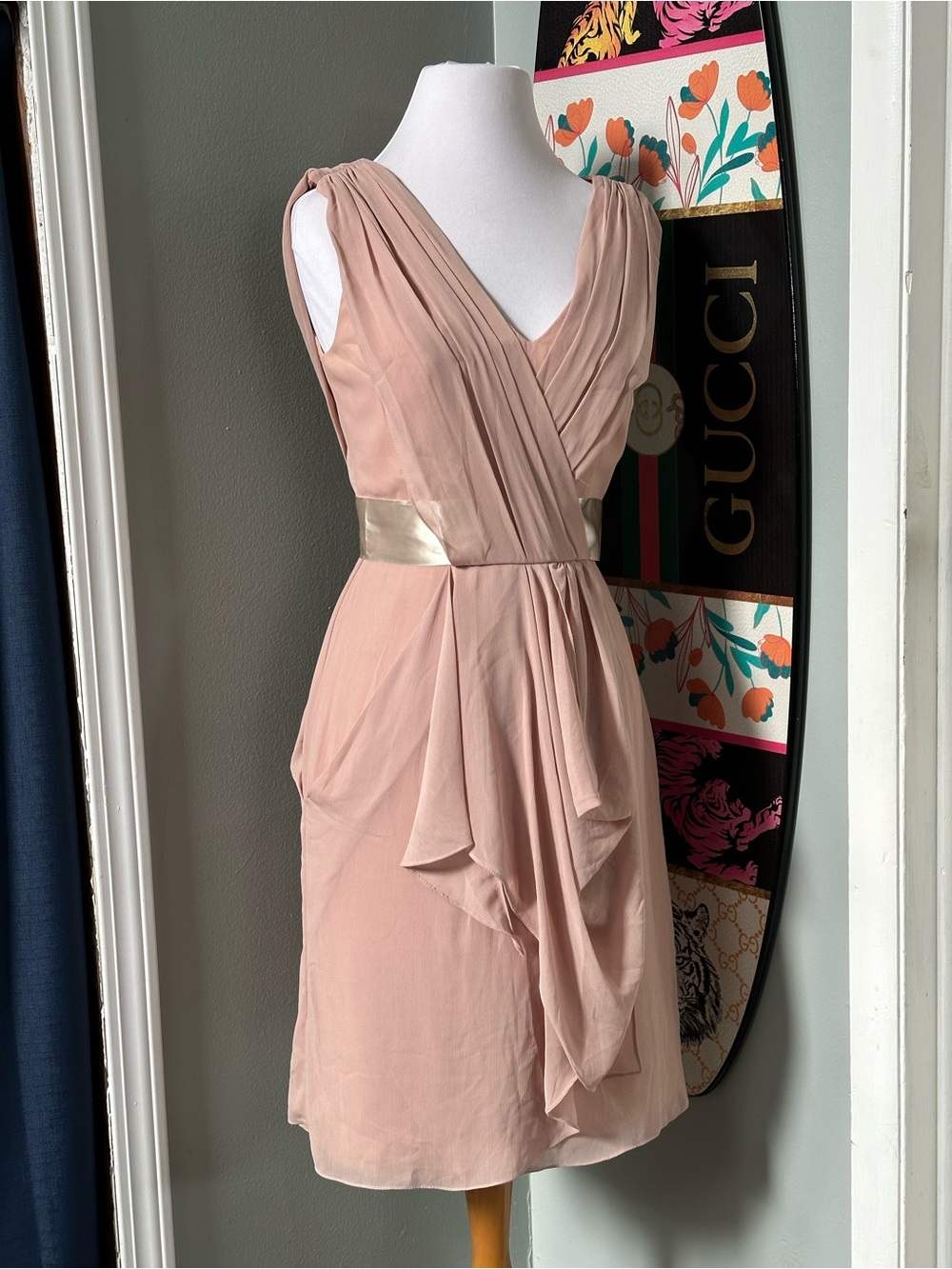 Watters Blush Pink Draped V-Neck Dress w/ Metallic Waist Bridesmaid Dress Sz 2